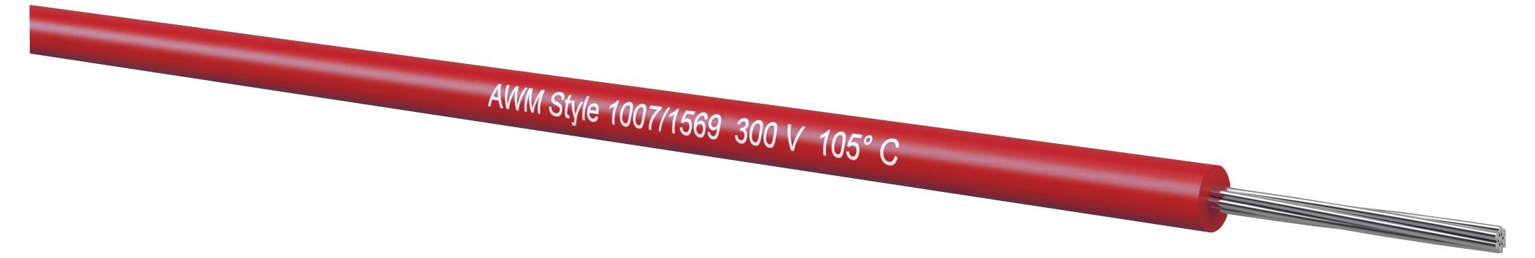 Rotes Stromkabel mit weißem aufgedrucktem Etikett „AWM Style 1007/1569 300V 105°C