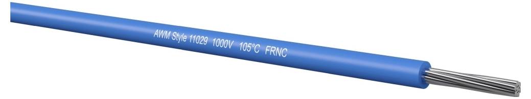 Blaues Stromkabel mit der Bezeichnung „AWM Style 1029 1000V 105°C FT1