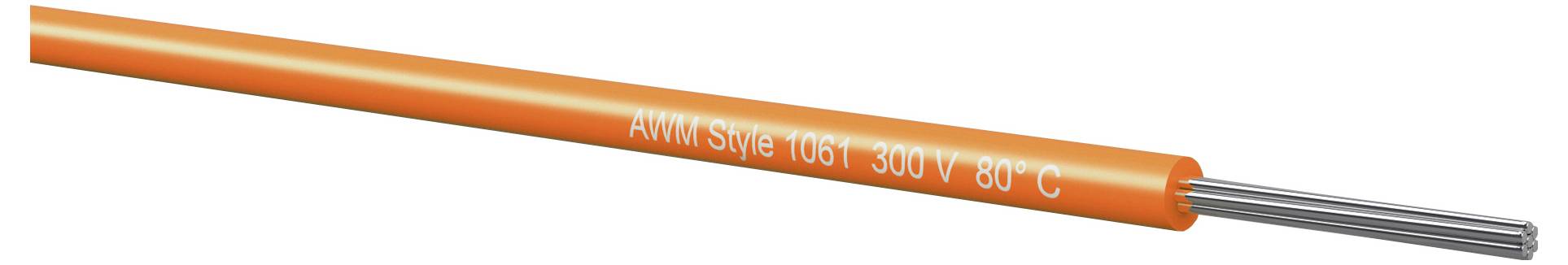 Orange-farbiges Stromkabel mit der Bezeichnung „AWM Style 1061 300V 80°C