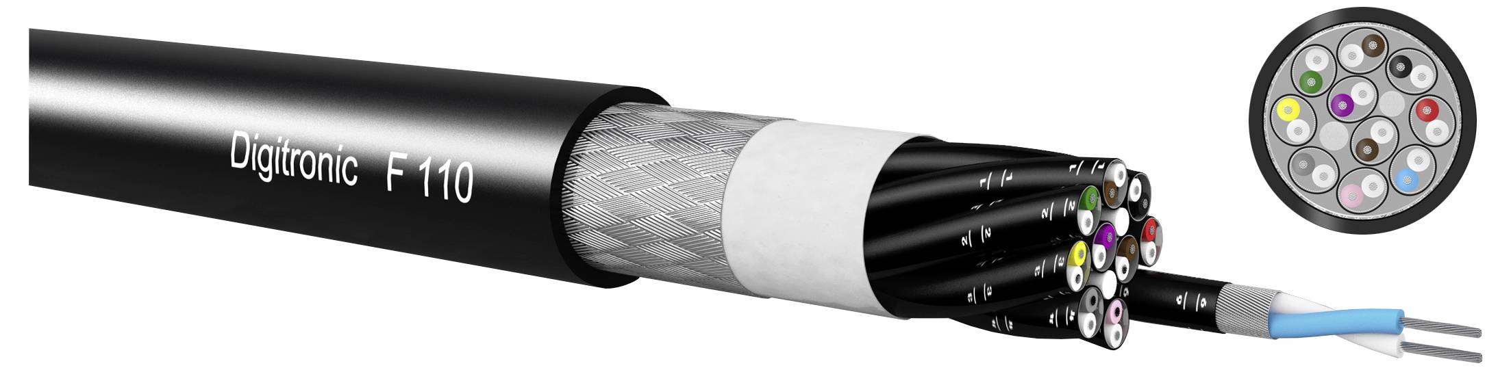Nahaufnahmebild eines schwarzen Digidronic F 110-Kabels mit sichtbaren mehrfarbigen internen Leitern und einer kreisförmigen Querschnittsansicht, die die Drahtanordnung zeigt.