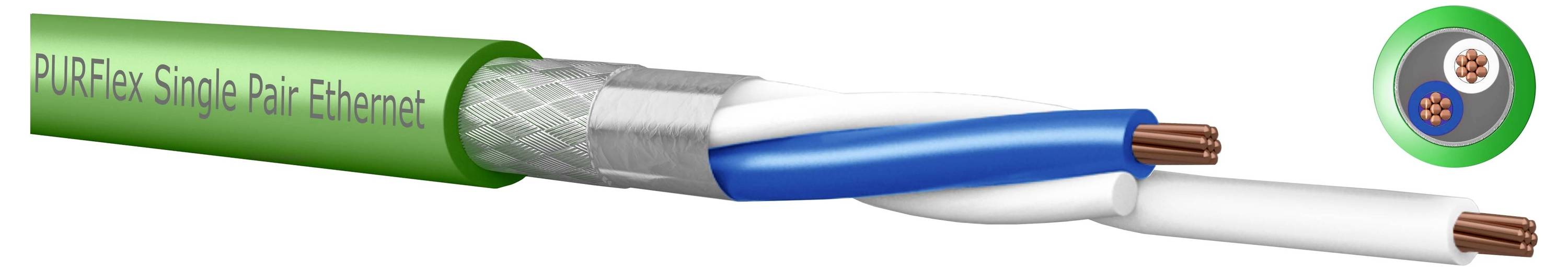 Querschnitt eines PURFlex Ethernet-Kabels mit Einzelleiterpaar, das zwei isolierte Kupferleiter in einer grünen Außenschicht zeigt.