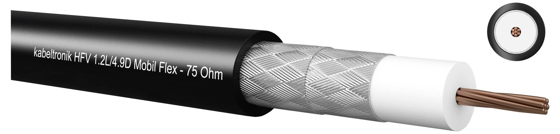 Querschnitt eines Koaxialkabels mit der Bezeichnung „Kabeltronik HFV 1.2L/4.9D Mobil Flex - 75 Ohm