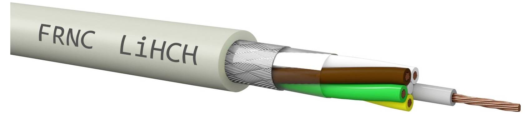 Querschnitt eines dreiadrigen Elektrokabels mit der Bezeichnung FRNC LiHCH, das isolierte braune, schwarze und grüne Leiter mit freiliegenden Kupferdrähten zeigt.