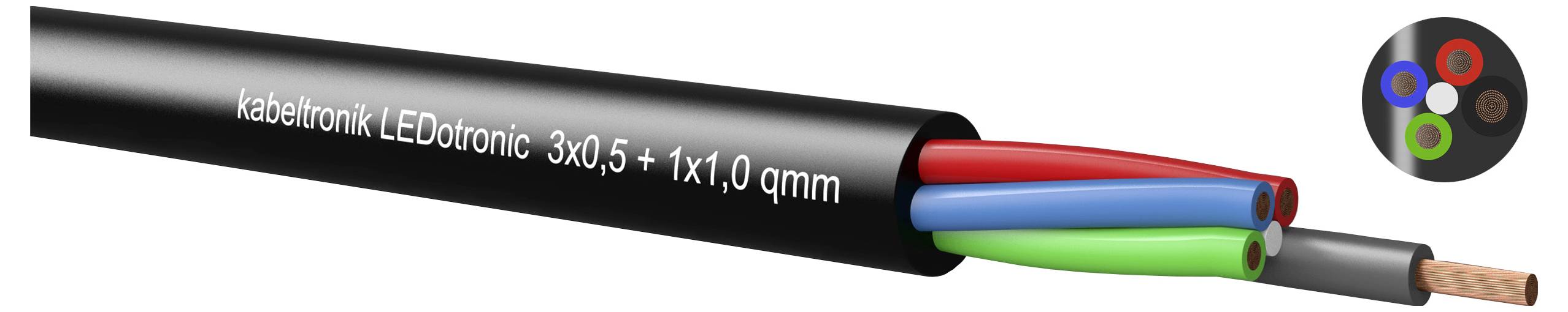 Ein schwarzes Kabel mit der Beschriftung „kabeltronik LEDtronic 3x0,5 + 1x1,0 qmm