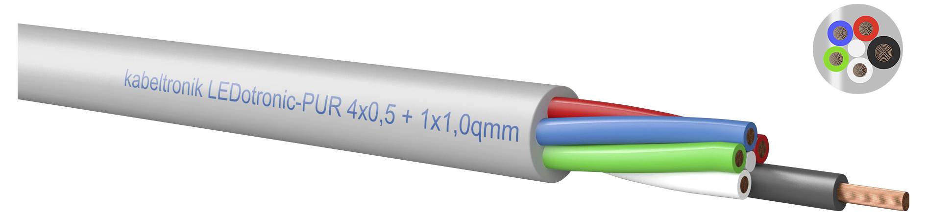 Abbildung eines Kabeltronik LEDotronic-PUR Kabels mit vier farbigen Innenleitern, beschriftet mit „kabeltronik LEDotronic-PUR 4x0,5 + 1x1,0qmm