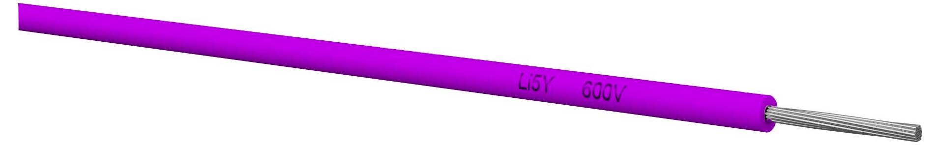 Violettes Stromkabel mit freiliegenden silbernen Drahtenden, die gedruckte Markierungen auf der Isolierung zeigen.