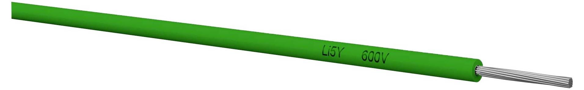 Grünes isoliertes Stromkabel mit freiliegenden silbernen Metalldrähten an einem Ende.