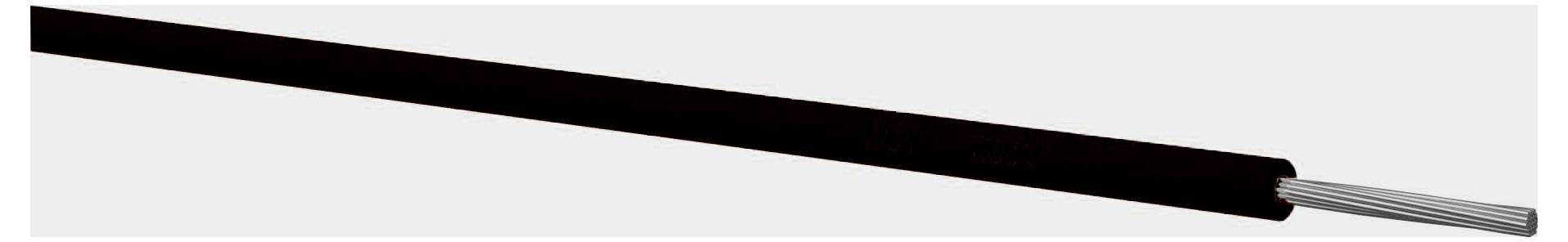 Schwarzes Kabel mit freiliegenden Silberdrähten am rechten Ende, gezeigt auf weißem Hintergrund.