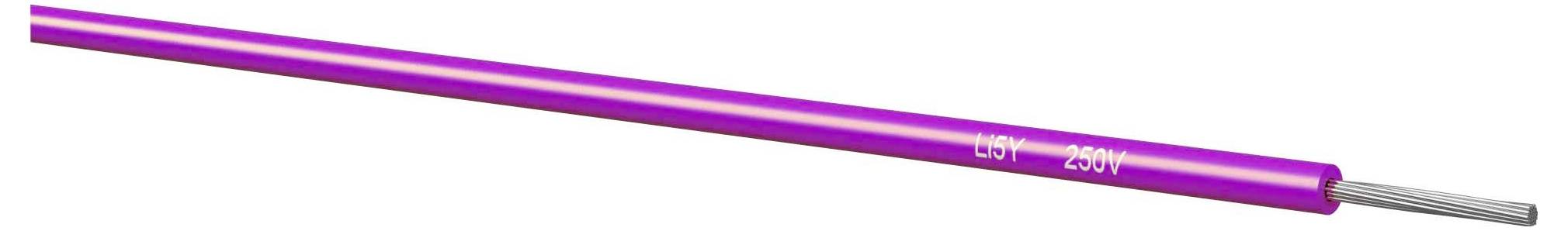 Violettes Stromkabel mit freiliegentem grauem Innendraht an einem Ende auf weißem Hintergrund.