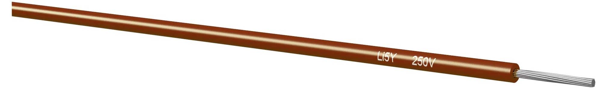 Braunes Elektrokabel mit freiliegendem silberfarbenem Leiter an der Spitze, beschriftet mit „0,5V 250V