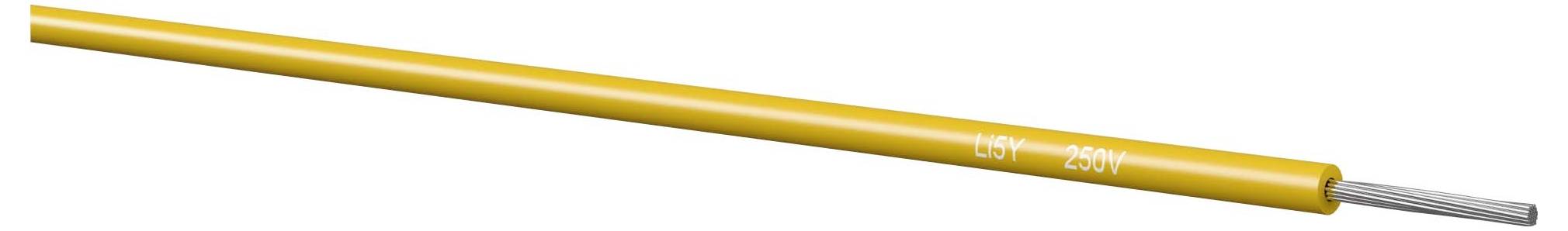 Gelbes Elektrokabel mit freiliegendem silbernem Innenleiter auf weißem Hintergrund.