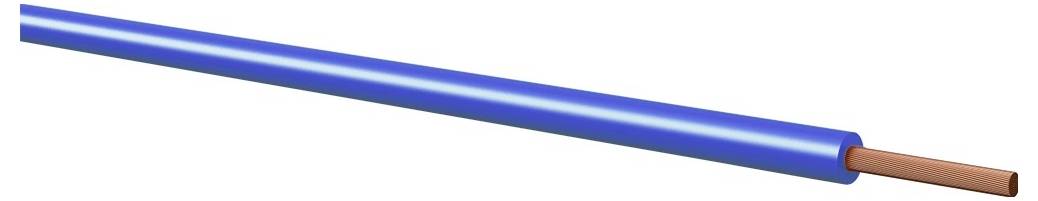 Ein blauisoliertes Elektrokabel mit freiliegendem Kupferdrahtende auf der rechten Seite.