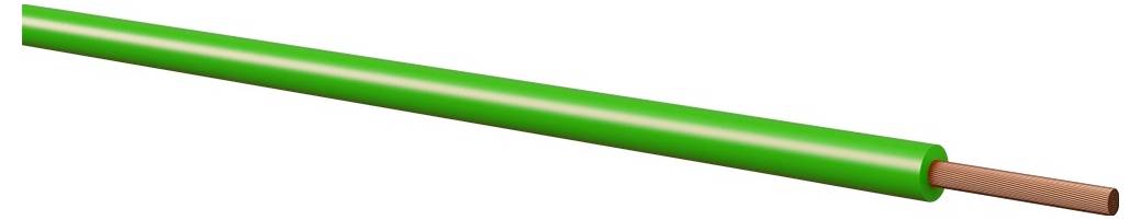 Ein grünes isoliertes Elektrokabel mit einem blanken Kupferende.