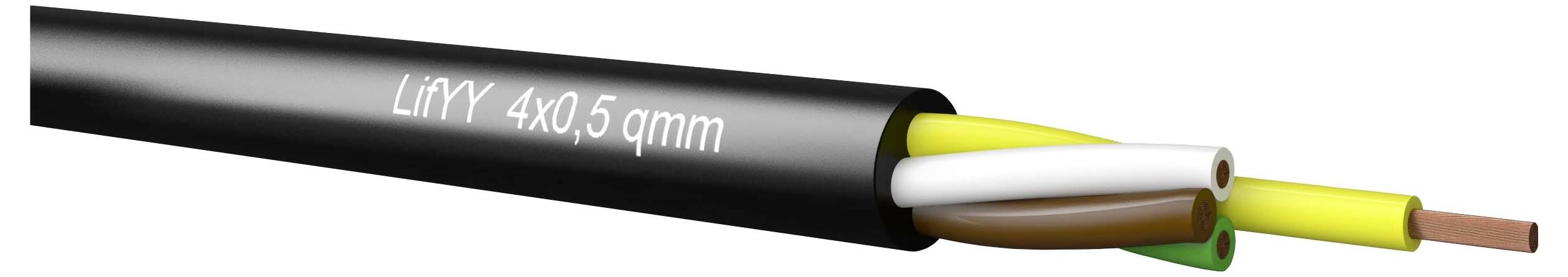 Nahaufnahme eines schwarzen Elektrokabels mit der Aufschrift „LiYY 4x0,5 qmm