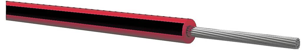 Ein schwarz-rotes Stromkabel mit einem roten Stecker, der an einem Ende freigelegt ist, und grauen Metallleitern, die sich vom anderen Ende erstrecken.