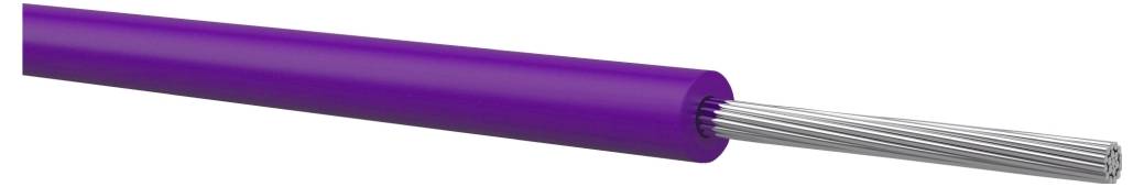 Eine violette Kabelummantelung mit freiliegenden Silberdrähten, die an einem Ende herausragen.