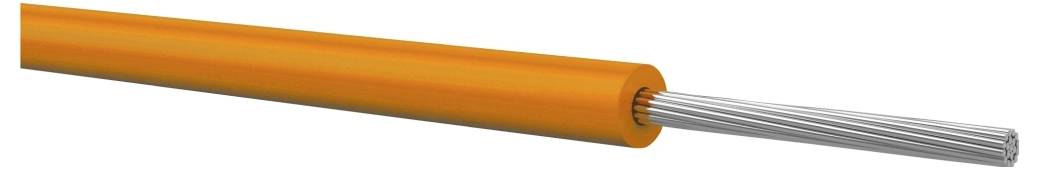 Orange isoliertes Elektrokabel mit freigelegten silbernen Innenleitern am rechten Ende.