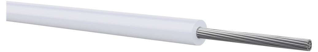 Ein langes graues Kabel mit einer weißen Außenhülle, die an einem Ende ein Bündel silberfarbener Metalldrähte freilegt.