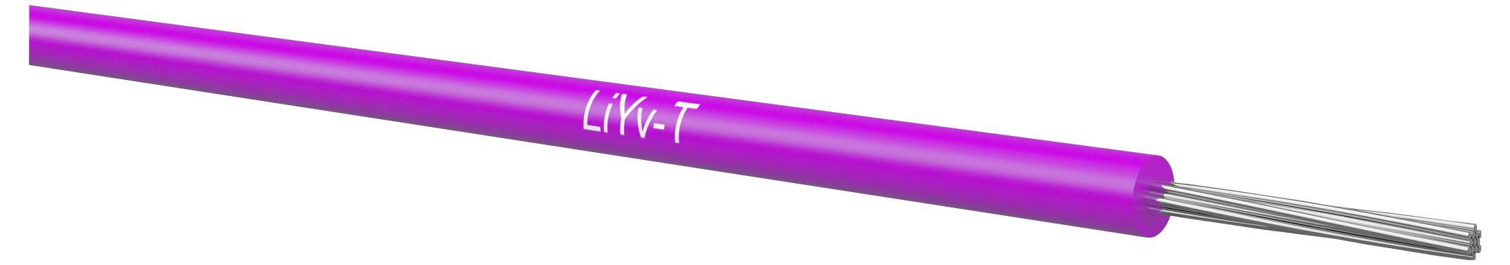 Ein violettes isoliertes Elektrokabel mit bloßliegenden Silberleitern an einem Ende, mit der Bezeichnung „LiY-T