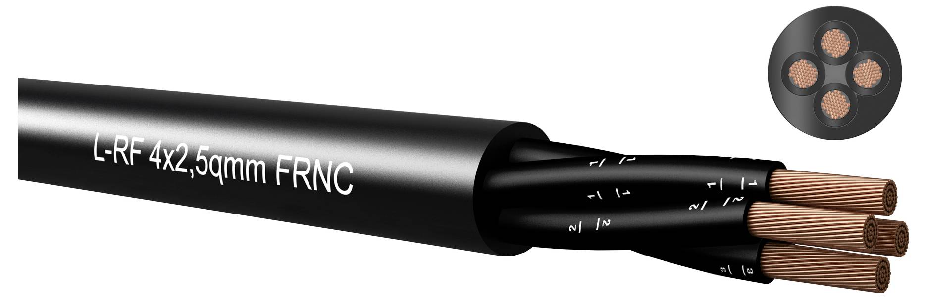 Abbildung eines L-RF 4x2,5 mm FNC-Kabels mit vier freiliegenden Kupferleitern am Ende und einer Querschnittsdarstellung, die das Vierkern-Layout zeigt.