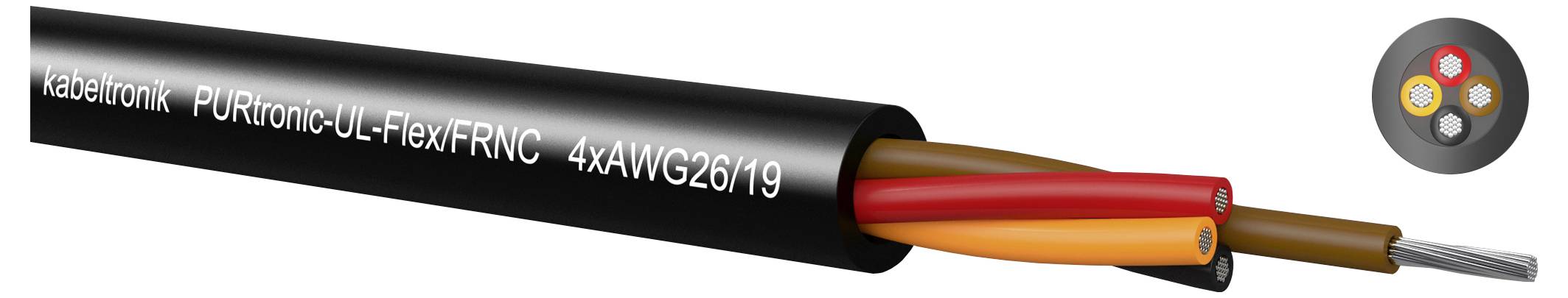 Querschnitt eines schwarzen PURTronic-UL-Flex/FRNC-Kabels, das vier AWG26/19-Leiter zeigt, einschließlich roter, orangefarbener, brauner und grauer Drähte.