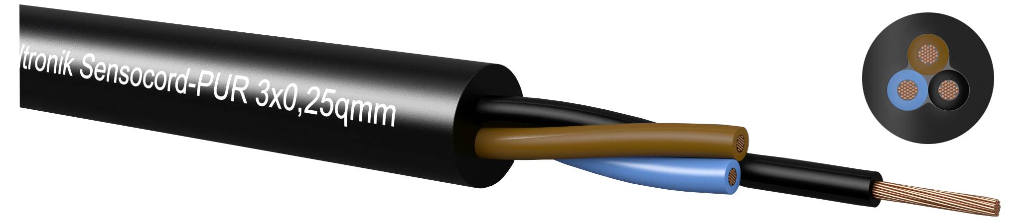 Illustration eines schwarzen Sensocord-PUR 3x0,25mm Kabels, das drei isolierte Leiter und freiliegende Kupferdrahtenden zeigt.