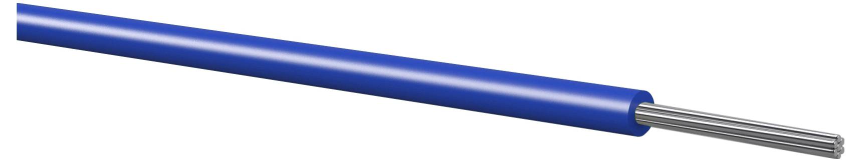 Blaues isoliertes Kabel mit freiliegenden silbernen Innendrähten an einem Ende, gezeigt auf einfachem weißem Hintergrund.