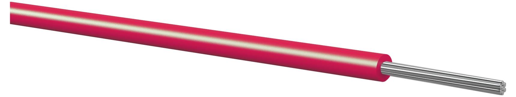 Ein rotes isoliertes Kabel mit freigelegten Silberdrahtlitzen, die vom abgeschnittenen Ende herausragen.