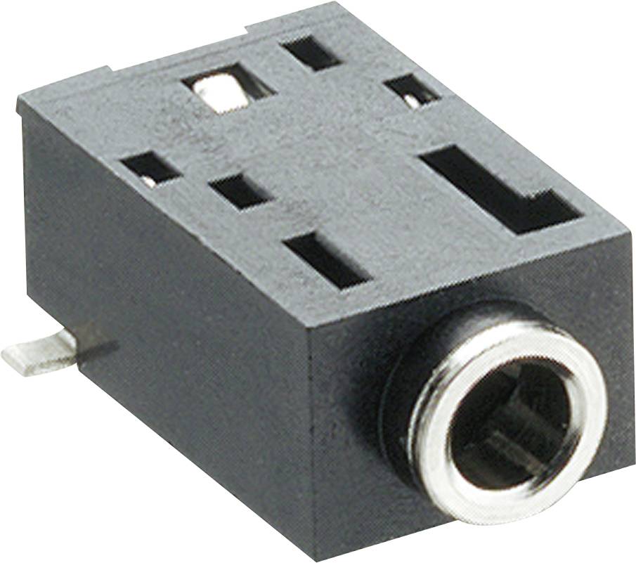 Schwarzer Audiobuchsenadapter für Frauen mit Metallbuchse und Befestigungslaschen auf weißem Hintergrund