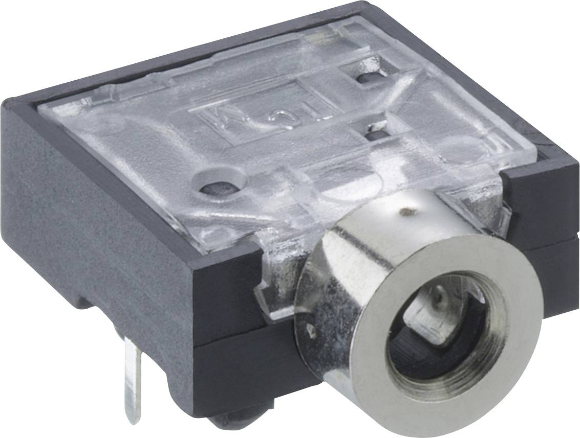 Nahaufnahme eines kleinen schwarzen elektronischen Anschlusses oder Steckers mit einem versilberten Metallgewinde-Anschluss und einem durchsichtigen Kunststoffgehäuse.