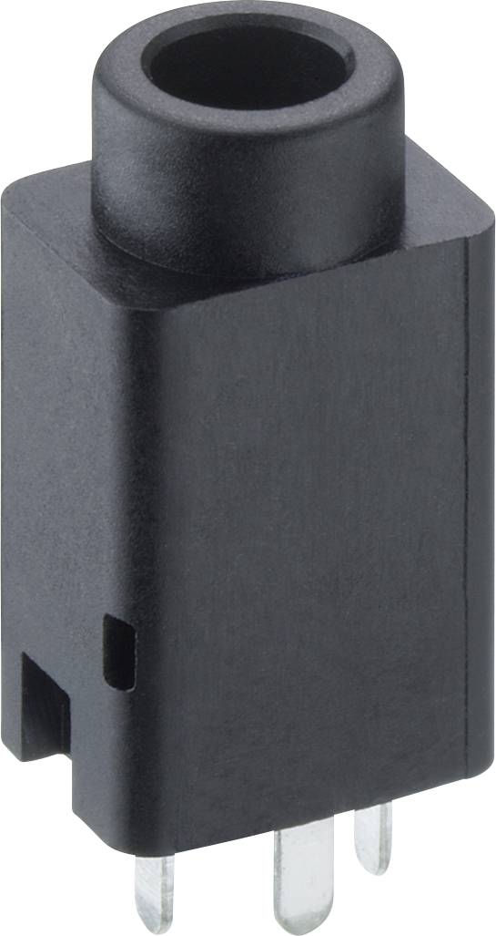 Schwarzer rechteckiger elektronischer Stecker mit drei Metallstiften und einer kreisförmigen Öffnung oben, dargestellt auf weißem Hintergrund.