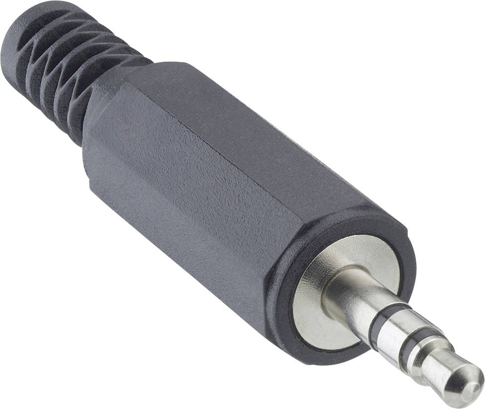 Nahaufnahme eines 3,5-mm-Audiostecker-Steckverbinders mit schwarzem geformtem Kunststoffgehäuse und Metalspitze auf weißem Hintergrund.