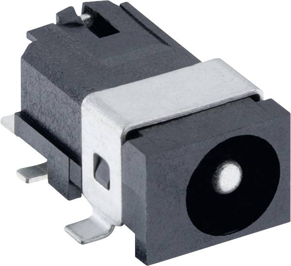 Nahaufnahme eines schwarzen DC-Stromstecker-Anschlusses mit Metallbefestigungslaschen und einer runden Steckerbuchse.
