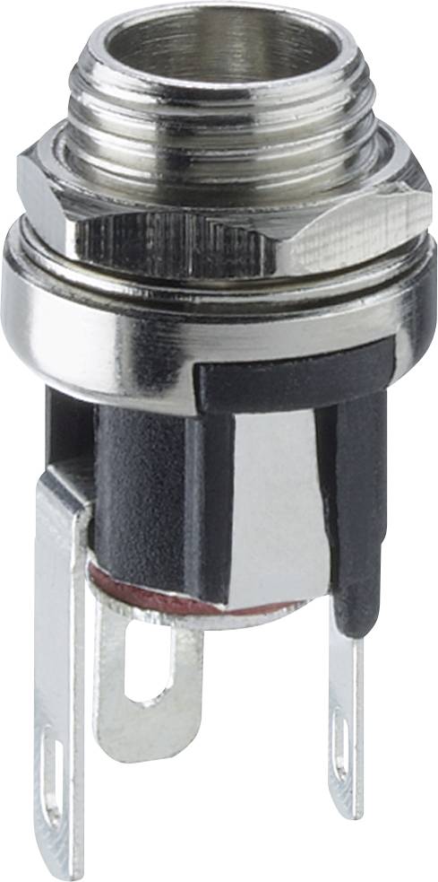 Nahaufnahme einer metallenen Stecker-Einbaubuchse mit Gewindelehre und drei Lötanschlüssen.