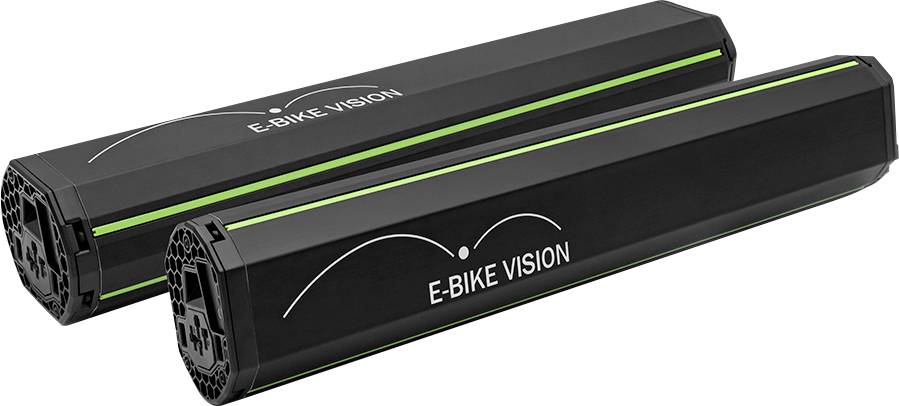 Zwei schwarze E-BIKE VISION Batteriepacks mit grünen Akzentlinien, nebeneinander auf weißem Hintergrund gezeigt.