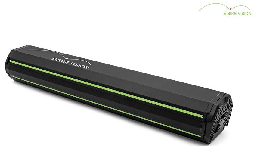 Schwarzes E-Bike Vision Batteriepaket mit grünen Streifen, gezeigt in einem Produktfoto vor weißem Hintergrund.