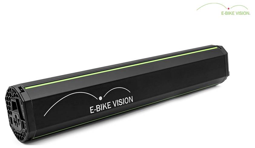 Schwarzer E-Bike Vision Batteriepack, dargestellt in 3D-Produktansicht, mit Logo auf der Seite und grünen Akzentlinien.