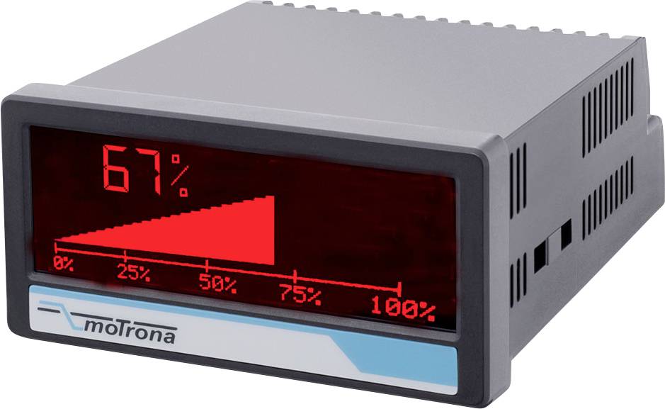 Digitales Panel-Messinstrument-Display mit 67% Anzeige, einem roten ansteigenden Balkendiagramm von 0% bis 100% und dem 'motrona' Logo.