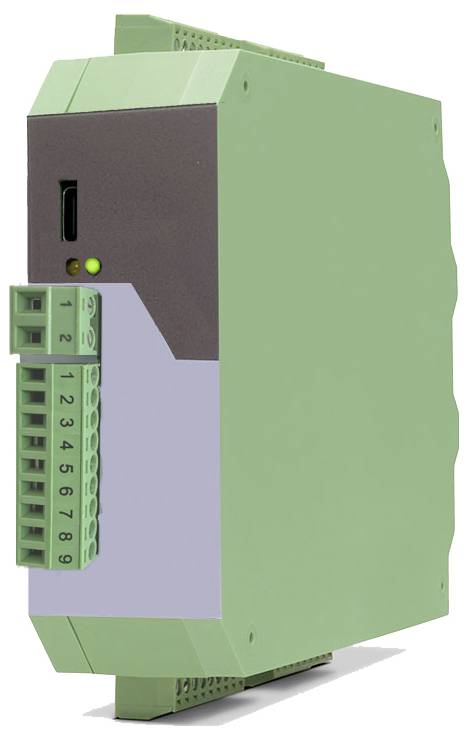 Grünes Industrieelektronikmodul mit vorderem Klemmblock, Status-LEDs und belüftetem Gehäuse.