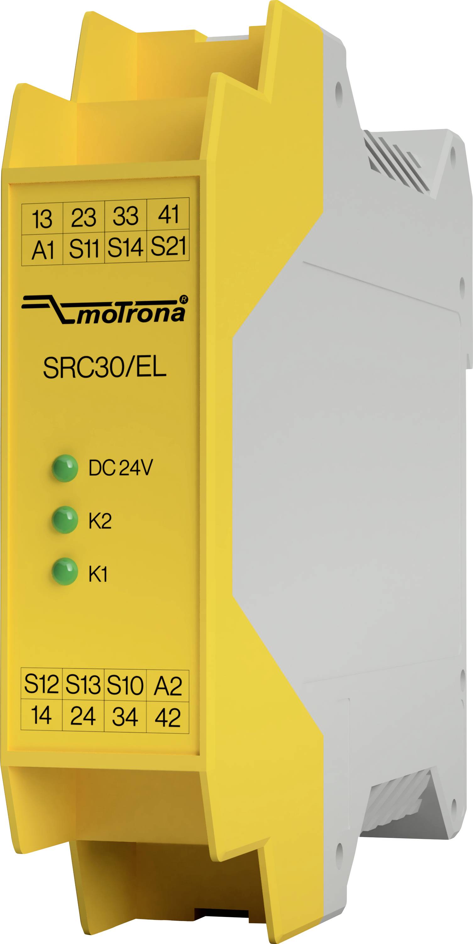 Gelber Motrona SRC30/EL DIN-Schienen-Signalverstärker mit beschrifteten Anschlüssen und drei grünen Status-LEDs auf einem grauen Seitengehäuse.