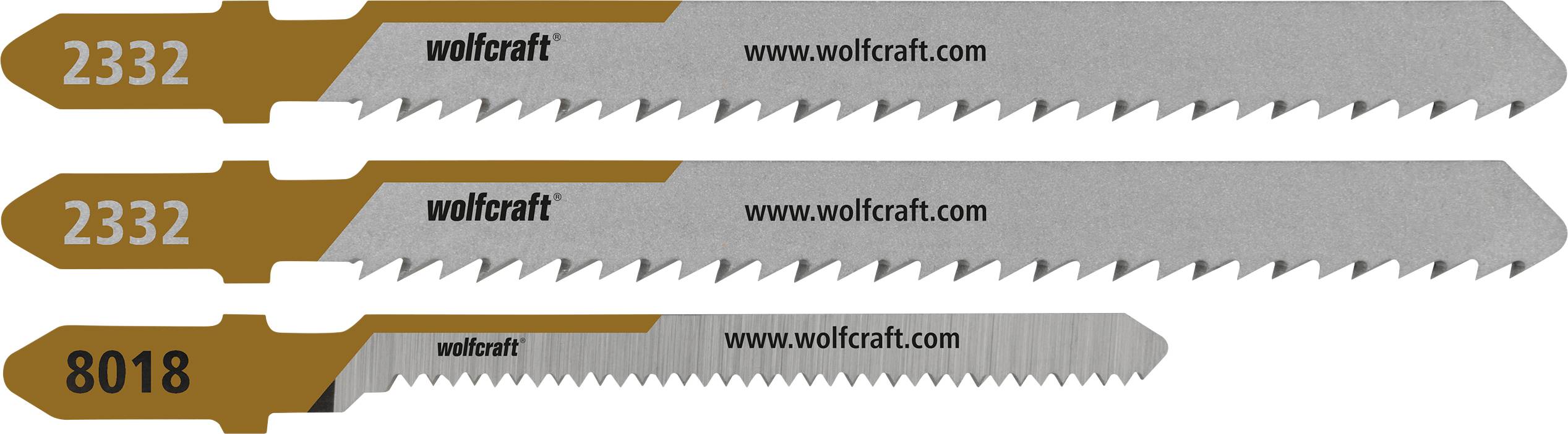 Drei Wolfcraft-Sägeblätter für Elektrosägen mit den Bezeichnungen 2332, 2332 und 8018, dargestellt in absteigenden Längen auf weißem Hintergrund.