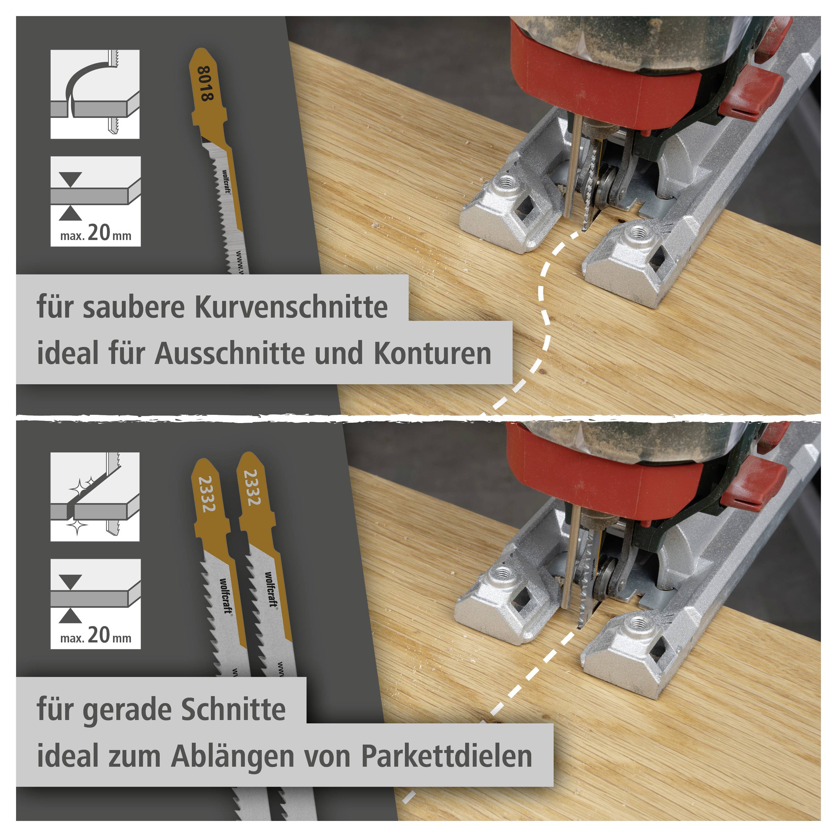 Geteiltes Bild, das die Verwendung einer Stichsägeblatt zeigt: oben geschwungene Schnitte für Ausschnitte und Konturen; unten gerade Schnitte zum Trimmen von Parkettdielen.