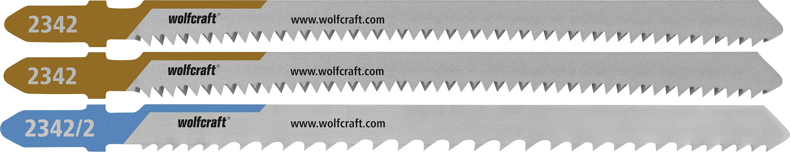 Drei Wolfcraft-Sägeblätter mit den Bezeichnungen 2342, 2342 und 2342/2, in brauner und blauer Verpackung mit Wolfcraft-Branding dargestellt.