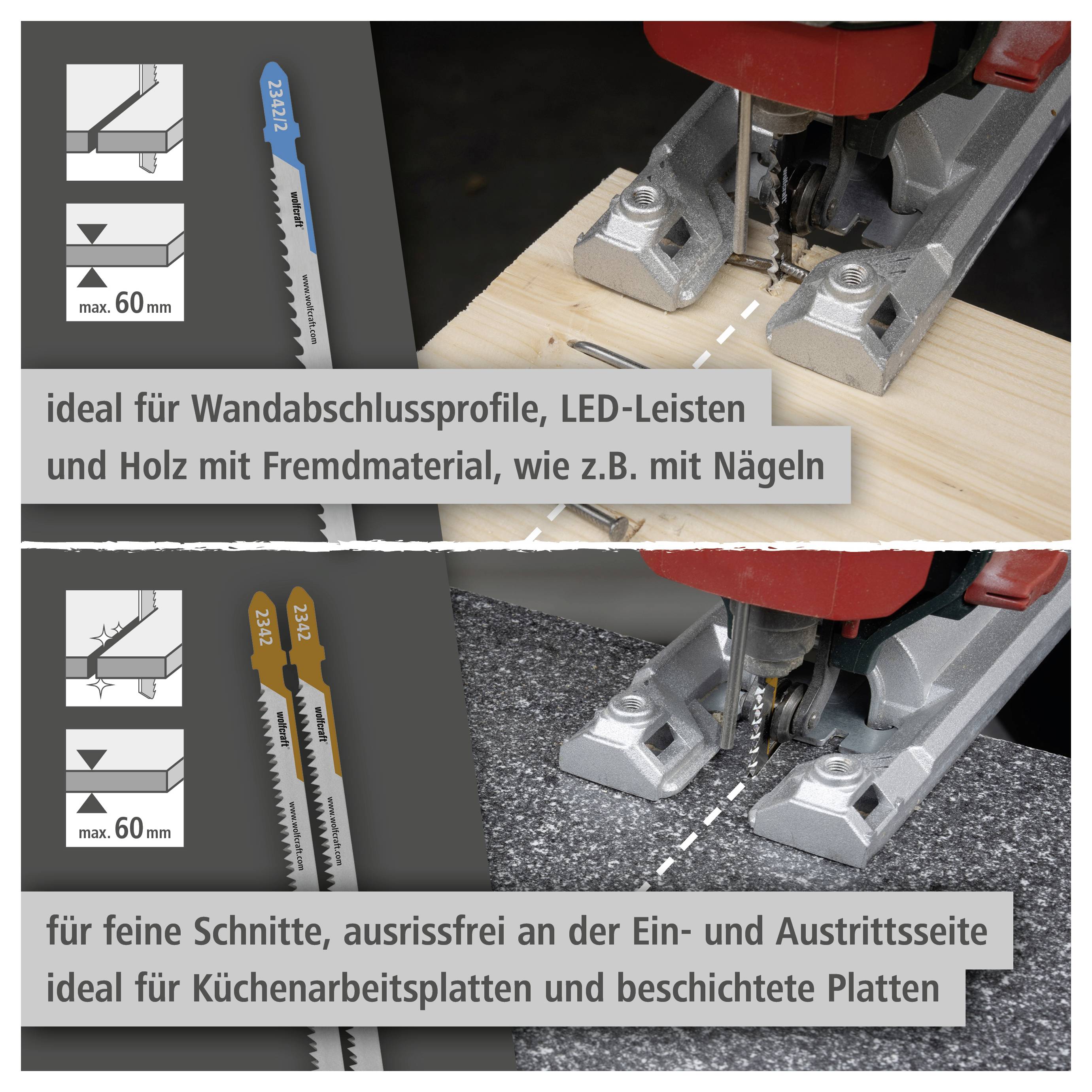 Vergleichsgrafik mit Stichsägeblättern für verschiedene Schnitte: oben für Holz mit Nägeln und Wandverkleidungen/LED-Streifen; unten für feine splitterfreie Schnitte in Küchenarbeitsplatten und beschichteten Brettern.