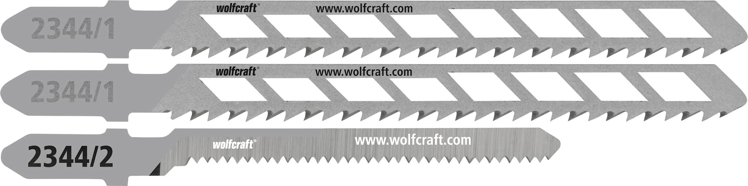 Drei horizontale Sägeblätter mit den Bezeichnungen 2344/1 und 2344/2, mit Wolfcraft und www.wolfcraft.com darauf gedruckt.