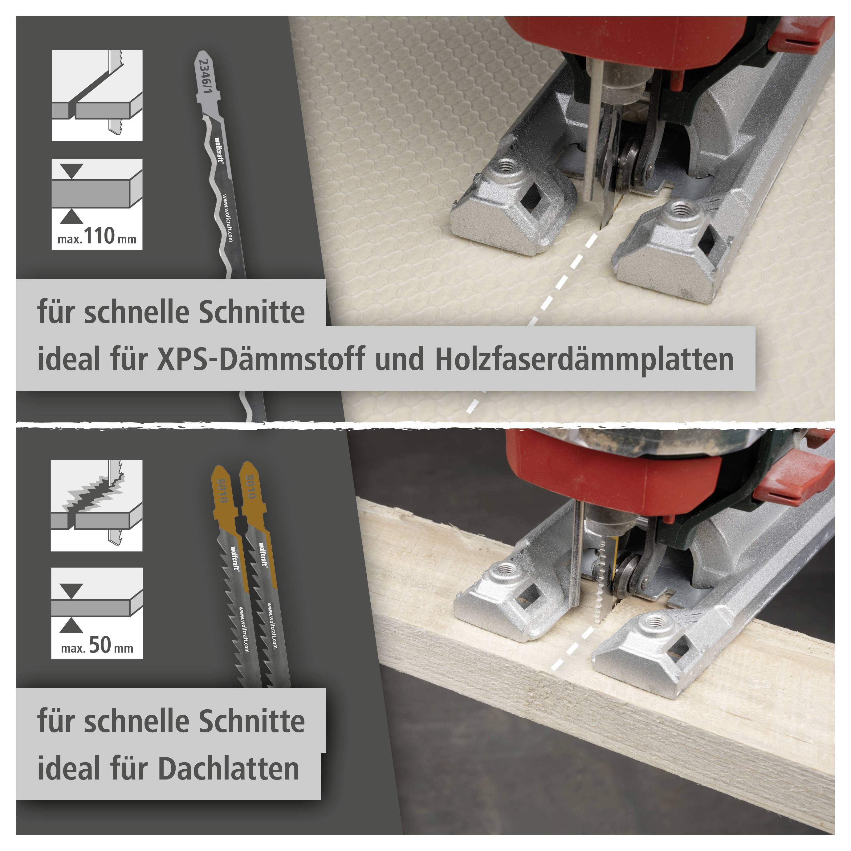 Werbegrafik, die eine Stichsäge zeigt, die Isolierplatte und Dachlatten schneidet, mit deutscher Beschriftung 