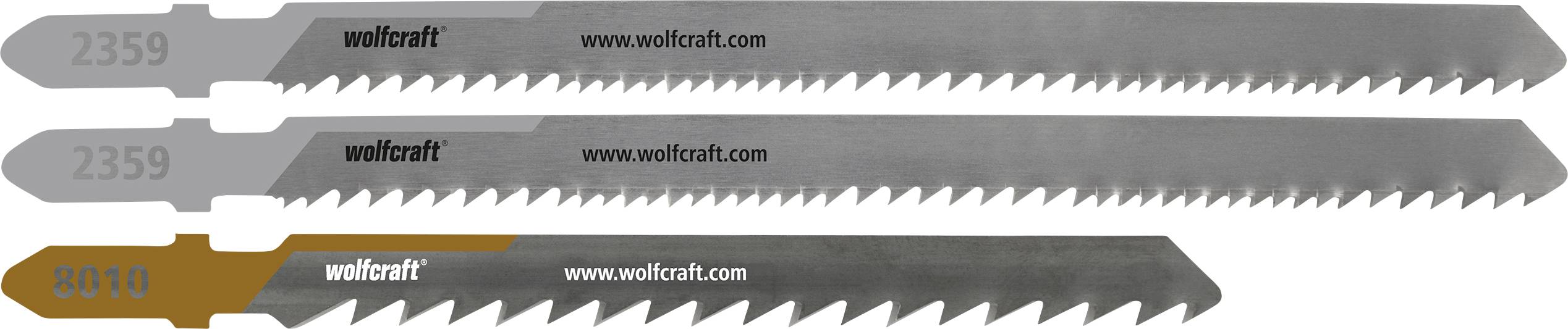Drei Wolfcraft-Stichsägeblätter in Grau und Braun, bezeichnet mit 2359 und 3010, mit unterschiedlichen Zahnmustern und Längen.