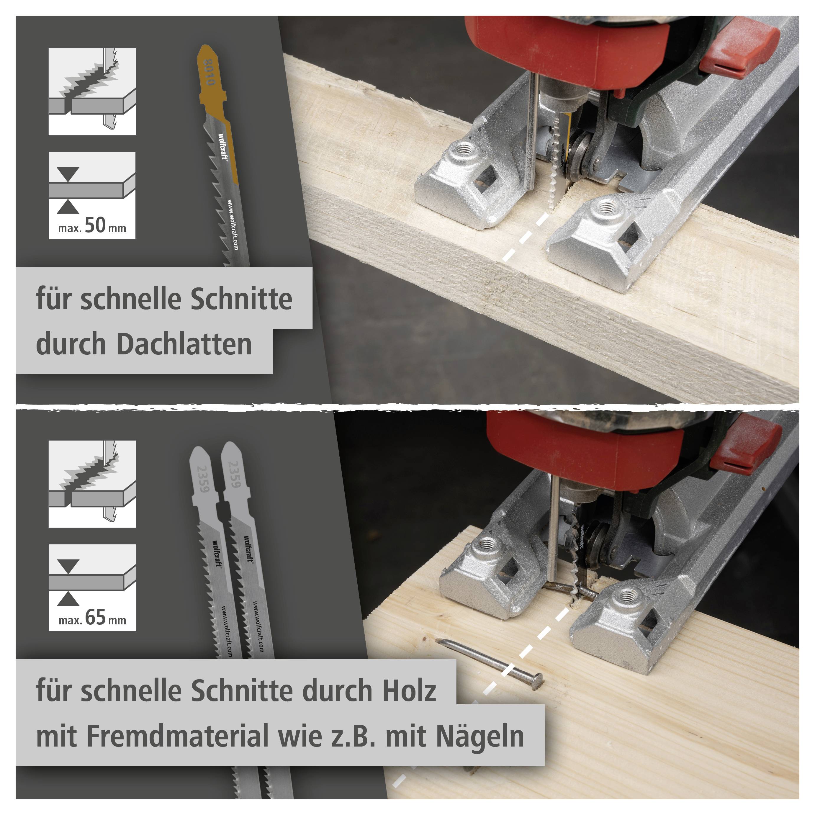 Vergleichsgrafik mit Stichsägeblättern beim Schneiden von Holz: oben für schnelle Schnitte durch Dachlatten bis 50 mm, unten für Holz mit Fremdmaterialien wie Nägeln bis 65 mm.