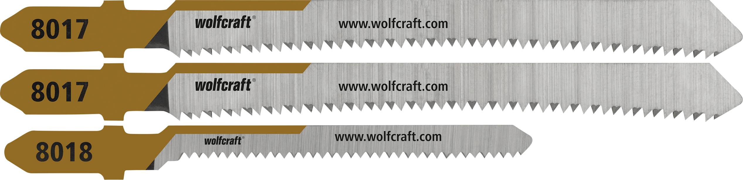 Drei Wolfcraft-Sägeblätter mit den Bezeichnungen 8017, 8017 und 8018, die nebeneinander mit unterschiedlichen Längen und Zahnmustern gezeigt werden.