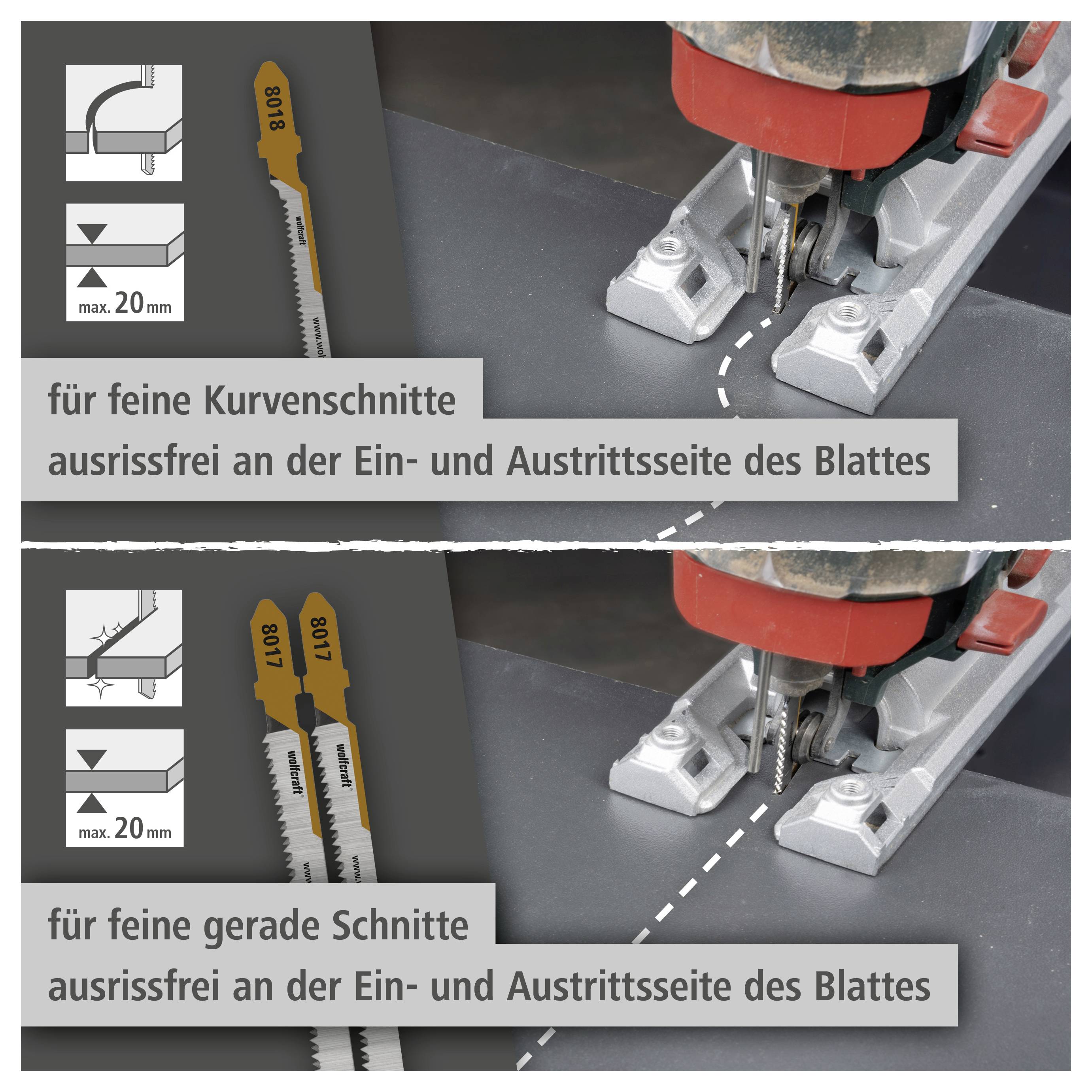 Bild geteilt, das eine Stichsäge beim Schneiden von Metall zeigt: oben für feine geschwungene Schnitte, unten für feine gerade Schnitte, beide rissfrei am Blattein- und -austritt.